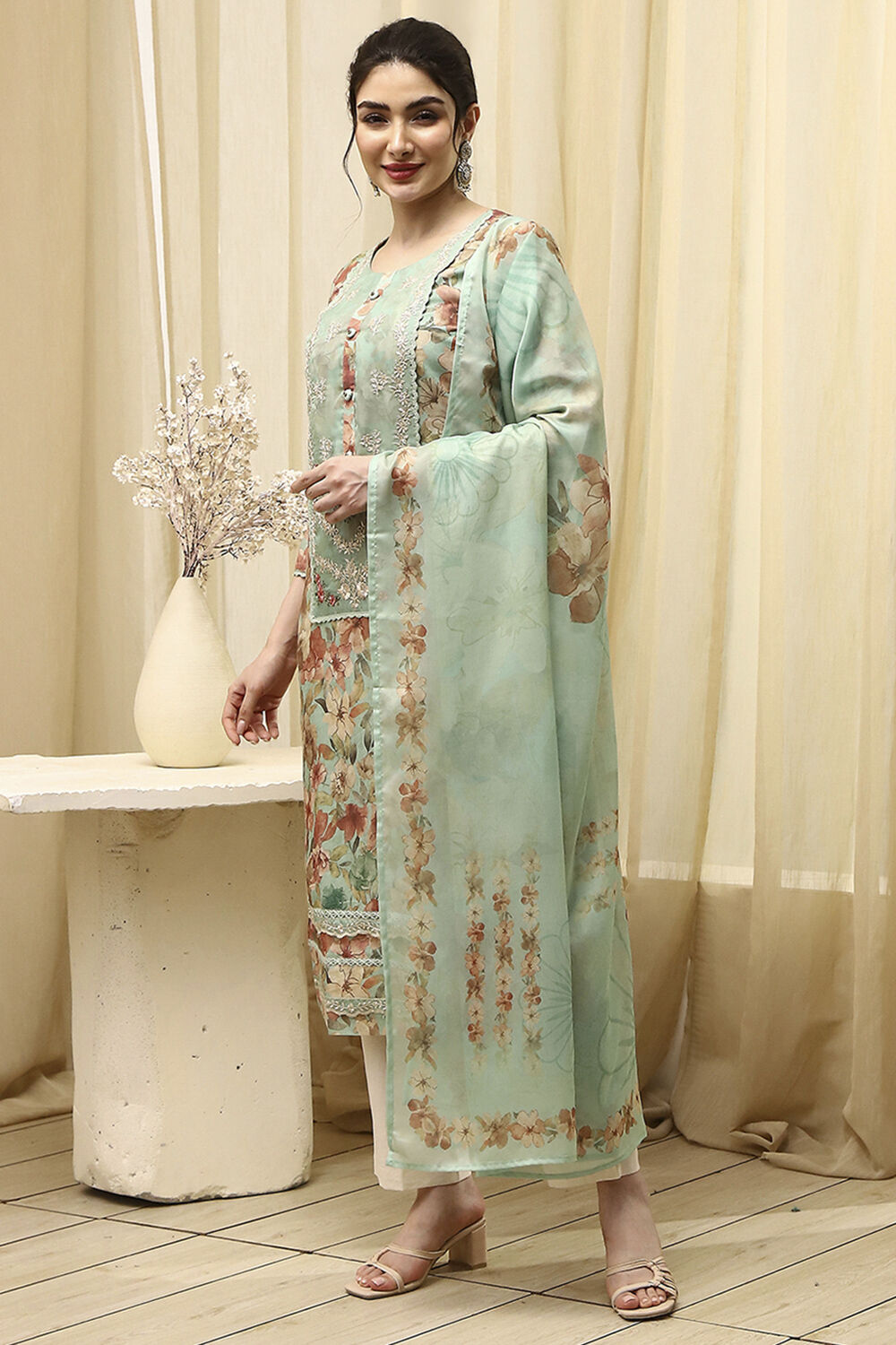 Teal Muslin Digital Print Unstitched Suit Set image number 4