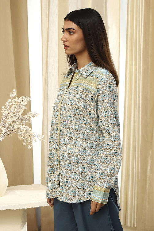 Blue Cotton Printed Straight Shirt image number 2