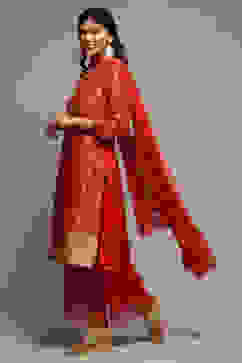 Rust Viscose & Metallic Straight Kurta Palazzo Suit Set image number 5