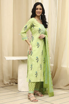 Lime Green Cotton Screen Print Unstitched Suit Set image number 5