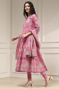 Light Pink Cotton Printed Anarkali Suit Set image number 3