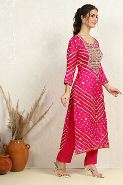 Pink Silk Blend Bandhej Crinkled Unstitched Suit Set image number 3