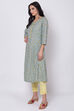 Teal Cotton A-Line Printed Kurta image number 2