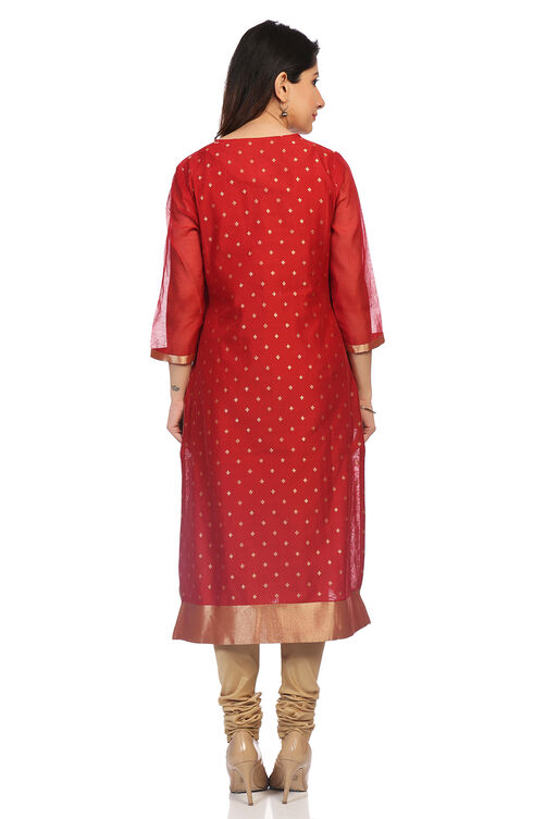 Red Poly Metallic Cotton Straight Printed Kurta image number 4