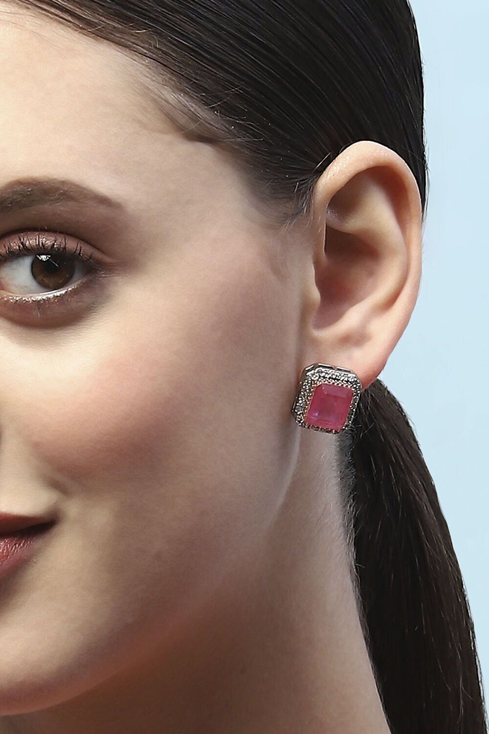 Light Pink Silver-Plated CZ Studded Contemporary Studs image number 3