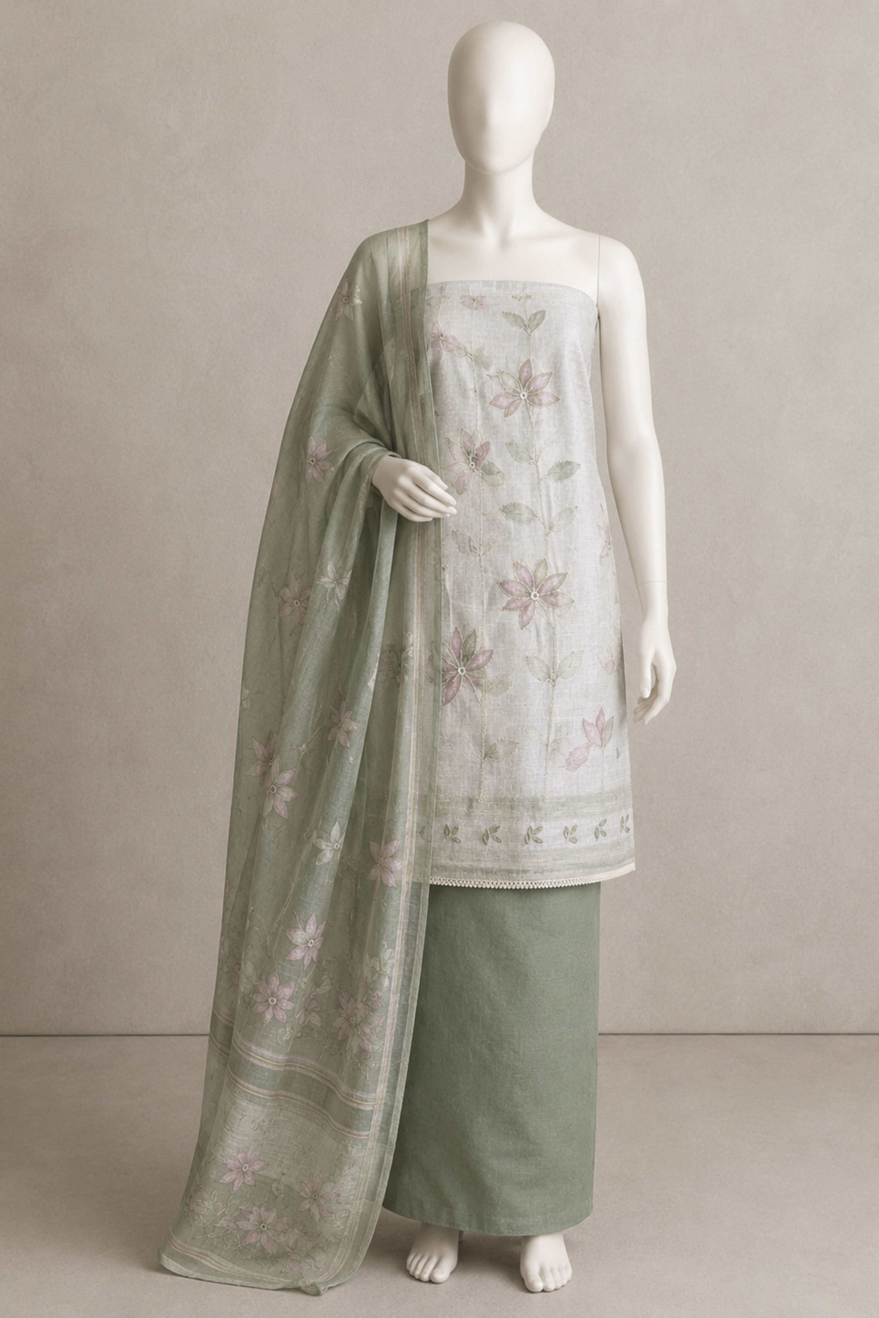 Grey Linen Printed Unstitched Suit Set image number 6