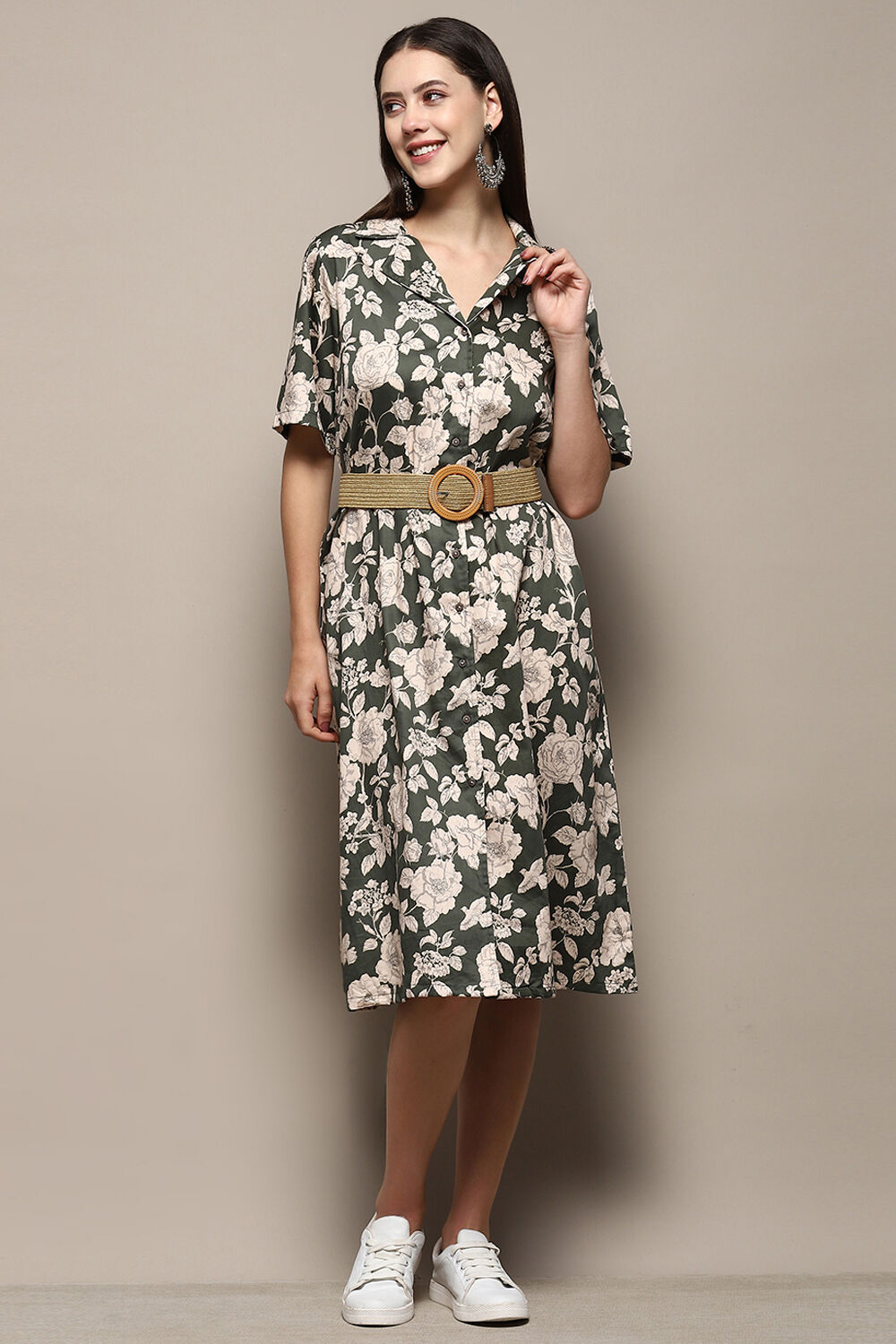 Dark Green Pure Cotton Floral Printed Straight Dress image number 0