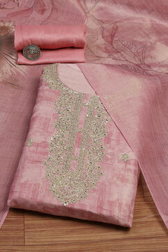 Pink Chanderi Machine Embroidered Unstitched Suit Set image number 0