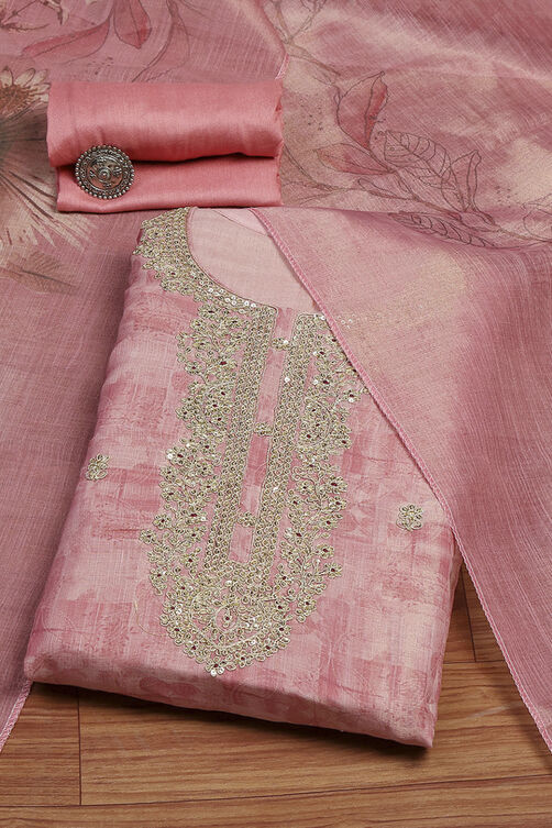 Pink Chanderi Machine Embroidered Unstitched Suit Set image number 0