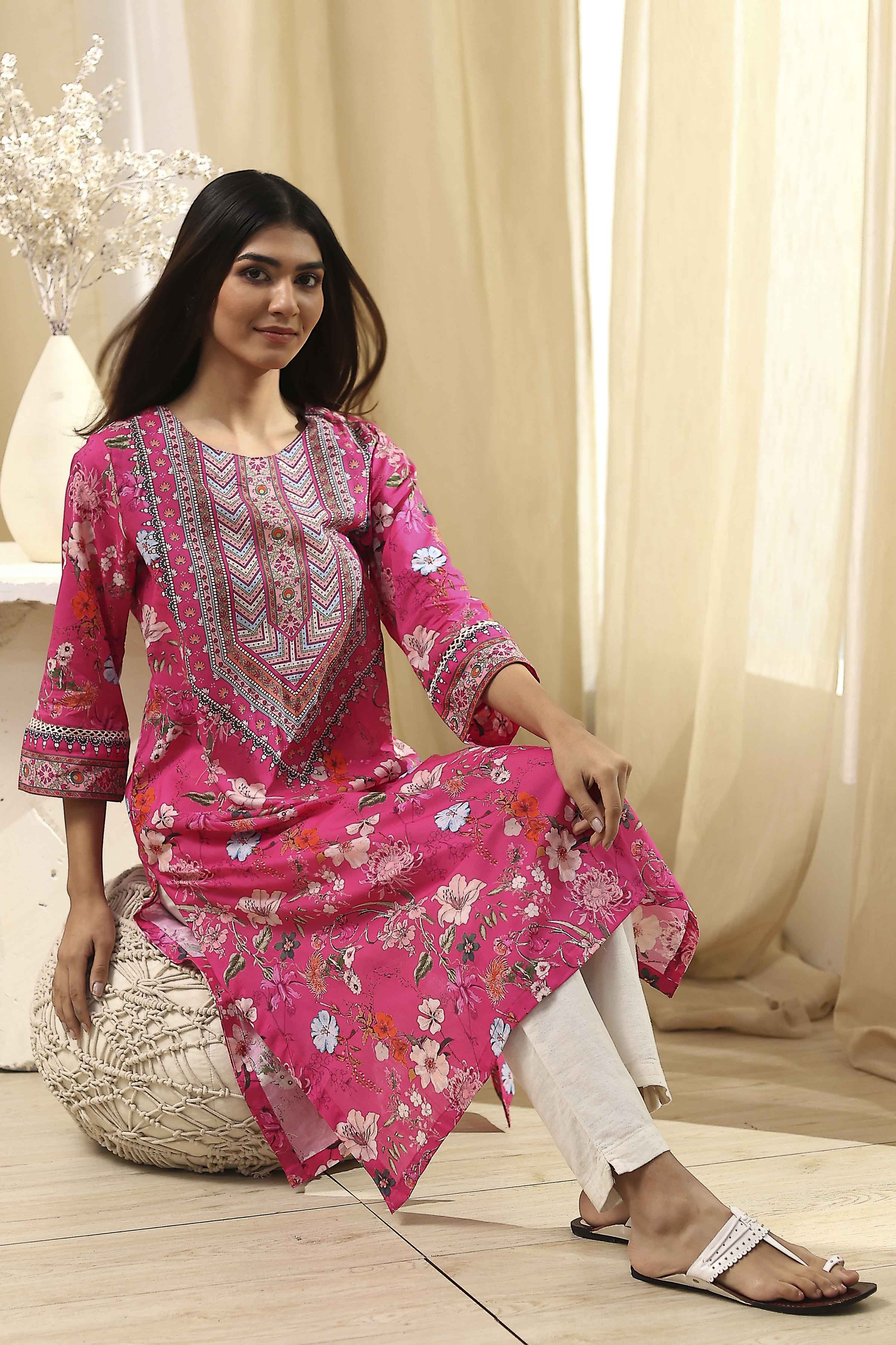 Pink Pure Cotton Floral Straight Kurta image number 0