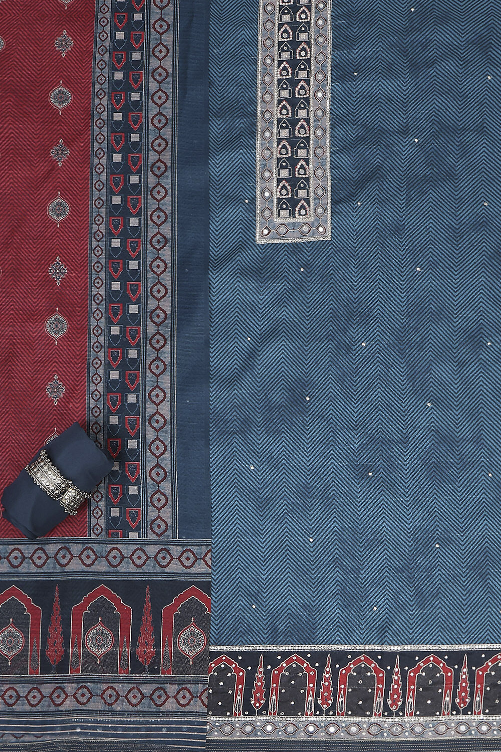 Blue Chanderi Printed Unstitched Suit Set image number 2