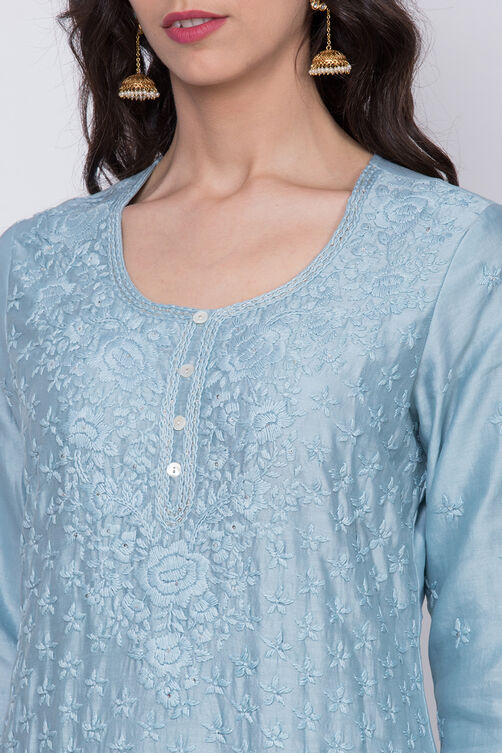 Ice Blue Cotton Silk Chikankari Kurta Palazzo Suit Set image number 1