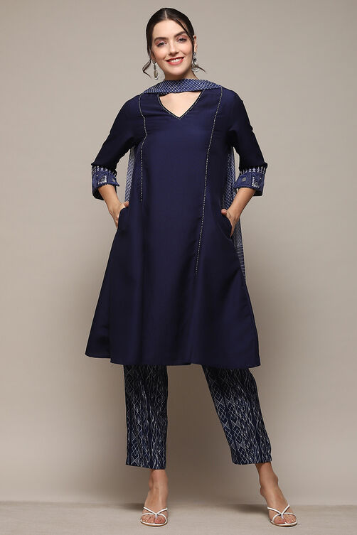 Indigo Poly Viscose Straight Yarndyed Suit Set image number 7