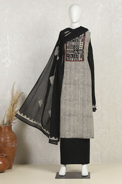 Black Cotton Hand Block Print Unstitched Suit Set image number 4