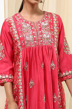 Coral-Red Silk Chanderi Gathered Suit Set image number 1