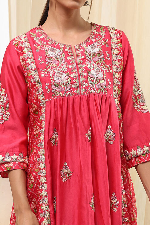 Coral-Red Silk Chanderi Gathered Suit Set image number 1