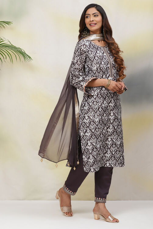 Black Poly Metallic Straight Kurta Slim Pant Suit Set image number 0