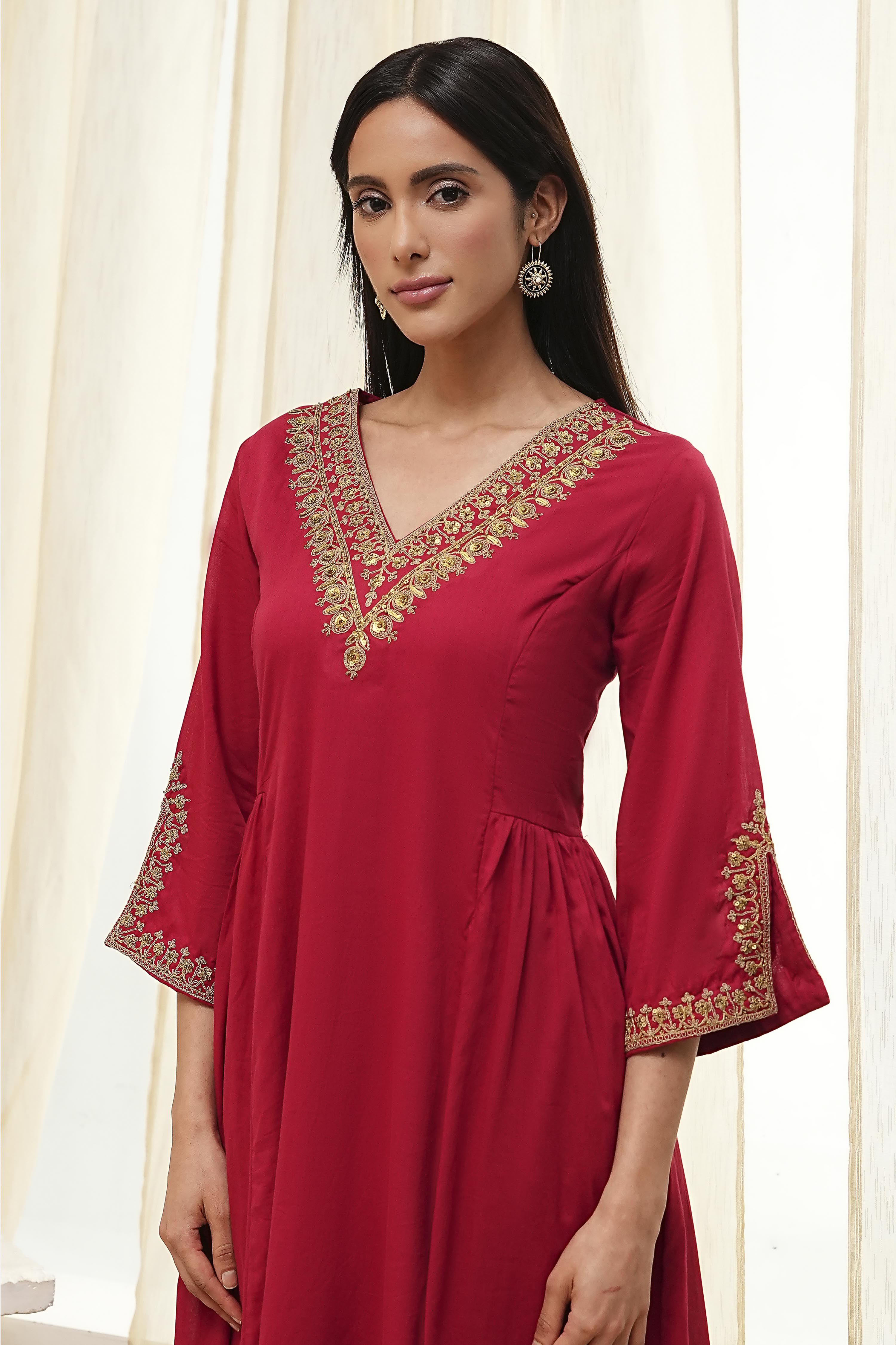 Red Cotton Solid A-Line Kurta image number 1