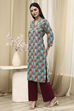Teal Cotton Printed Straight Kurta image number 2