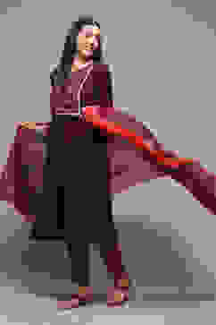 Burgandy LIVA Gathered Solid Kurta Slim Pant Suit Set image number 0