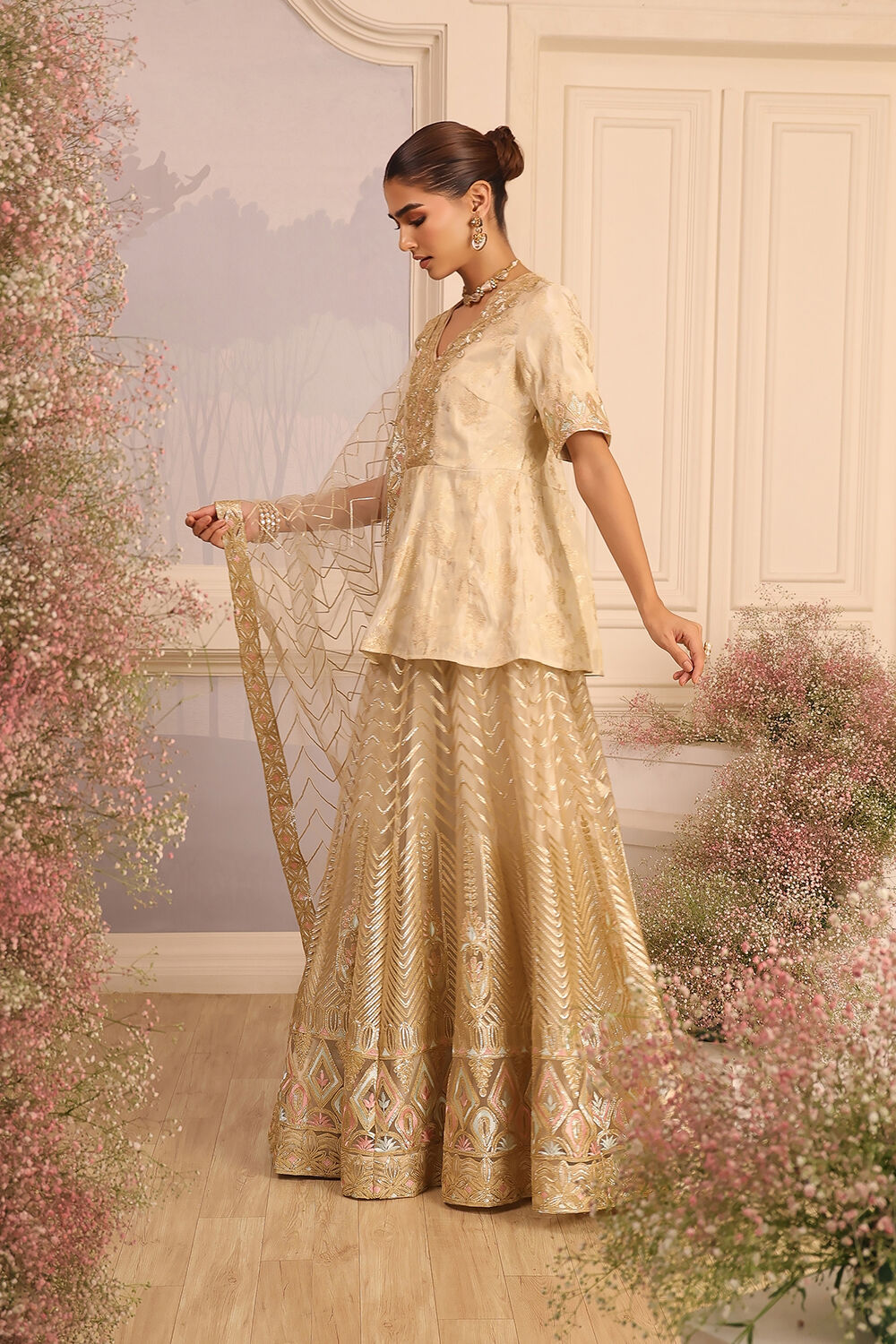 Beige Embroidered Peplum Lehenga Set image number 3