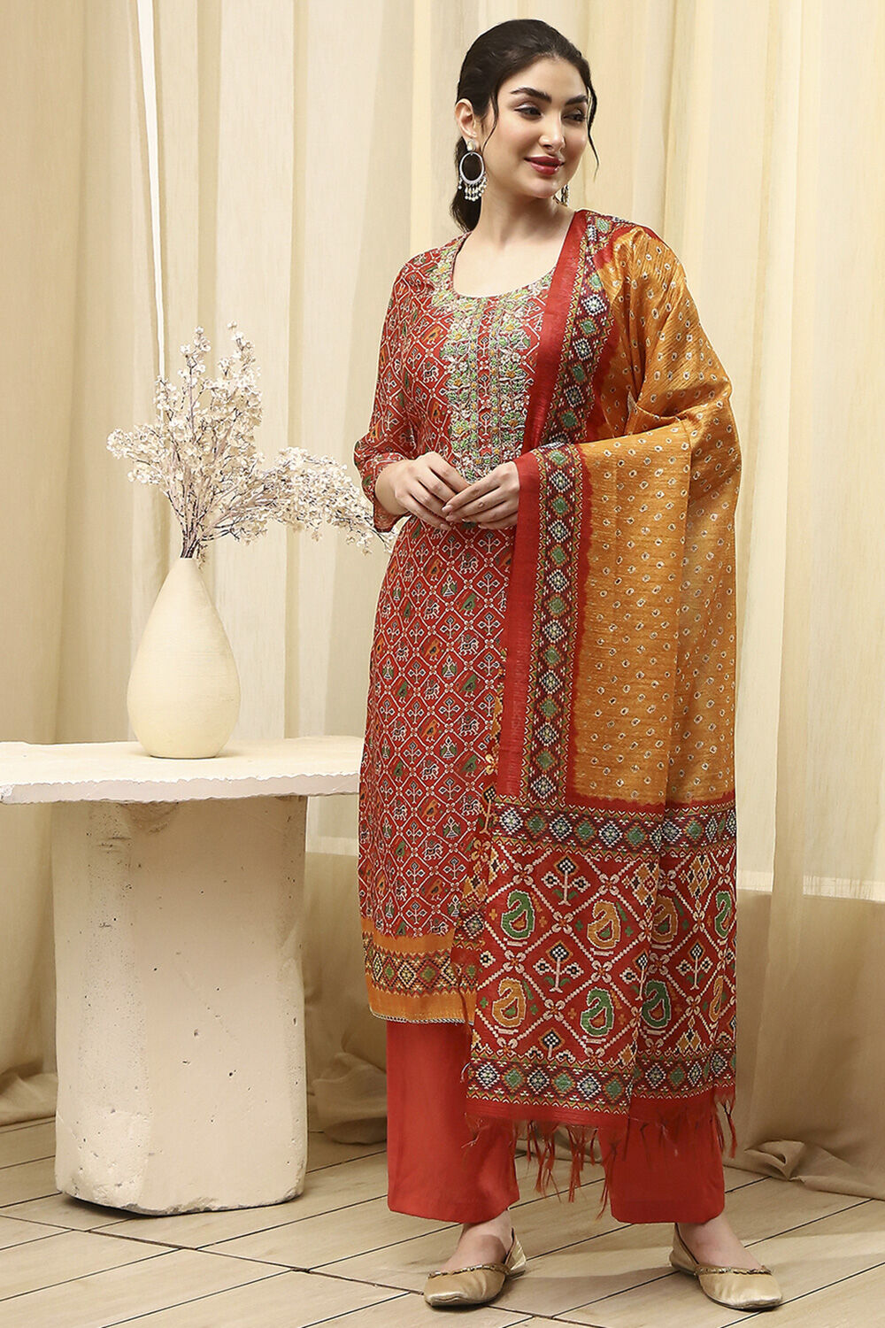 Red Chanderi Machine Embroidered Unstitched Suit Set image number 1