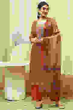 Red Chanderi Machine Embroidered Unstitched Suit Set image number 1