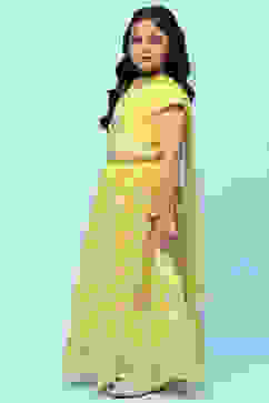 Lime Yellow Poly Chanderi Floral Lehenga Set image number 4