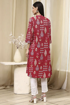 Pink Cotton Printed Straight Kurta image number 3