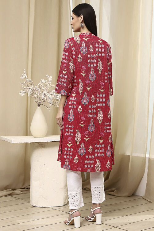 Pink Cotton Printed Straight Kurta image number 3