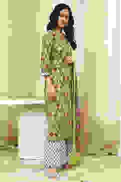 Lime Green and White Cotton Screen Print Unstitched Suit Set image number 5