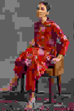 Rohit Bal Red Silk Chanderi Floral Printed Straight Kurta Set image number 0