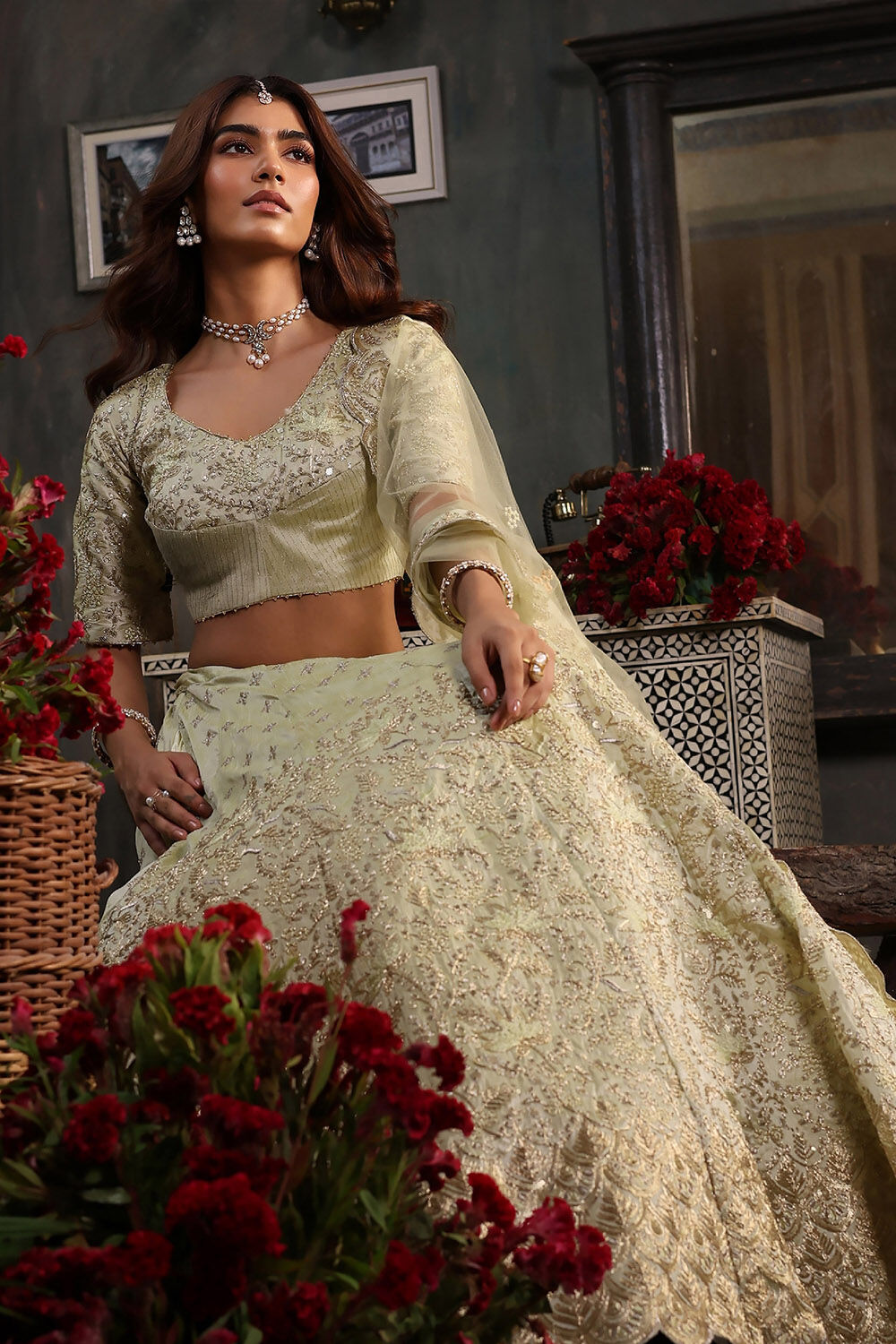 Mint Green Zari Embroidered Lehenga Set image number 5