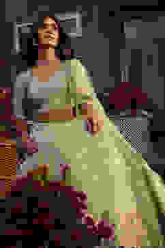 Mint Green Zari Embroidered Lehenga Set image number 5