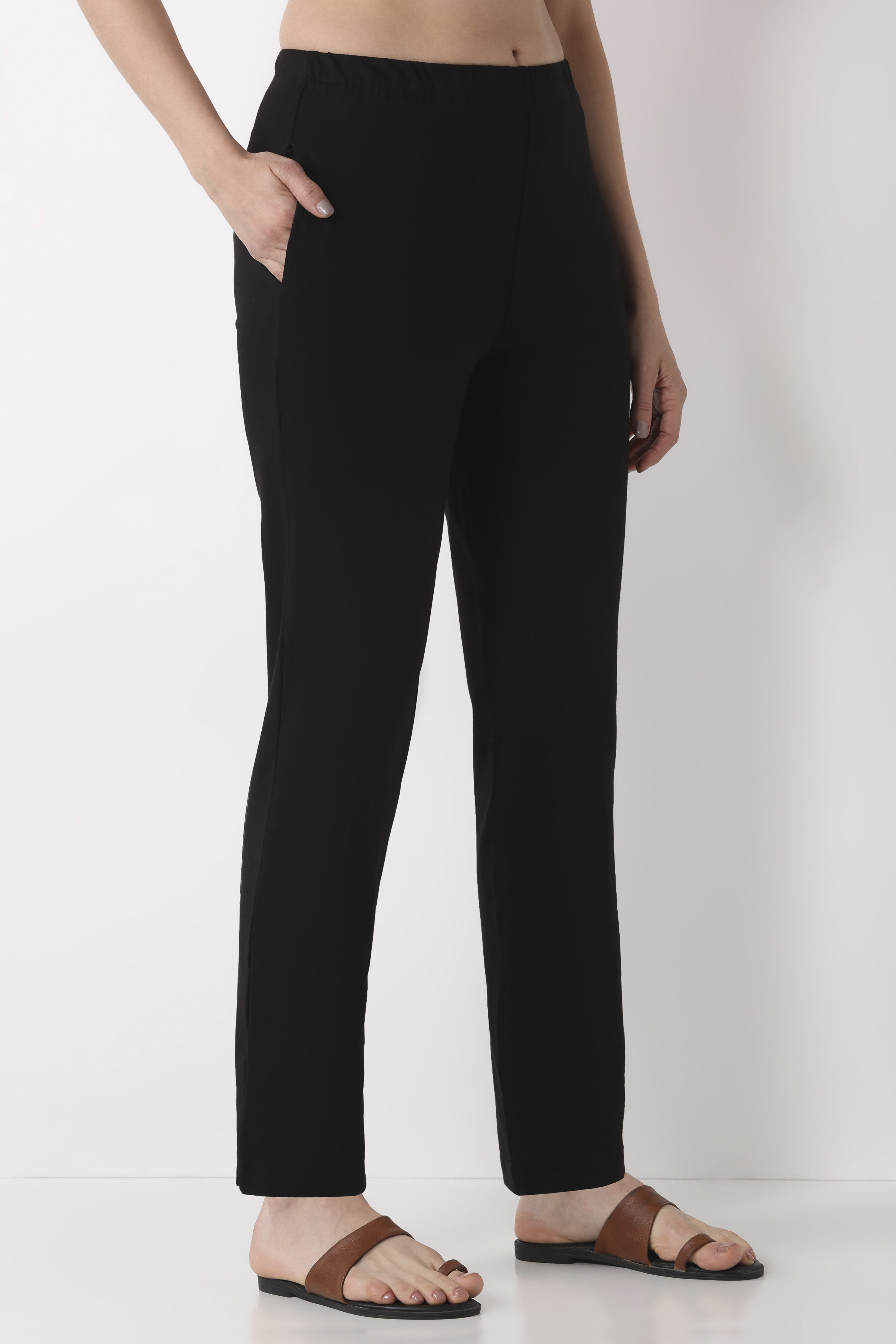 Black Cotton Lycra Fitted Pants image number 3