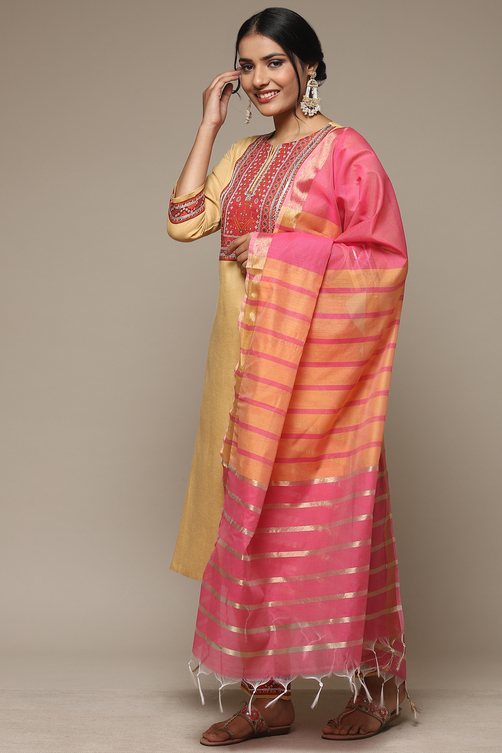 Beige Rayon Straight Kurta Pant Suit Set image number 5