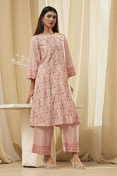 Off-White and Pink Cotton Straight Kurta Set image number 0