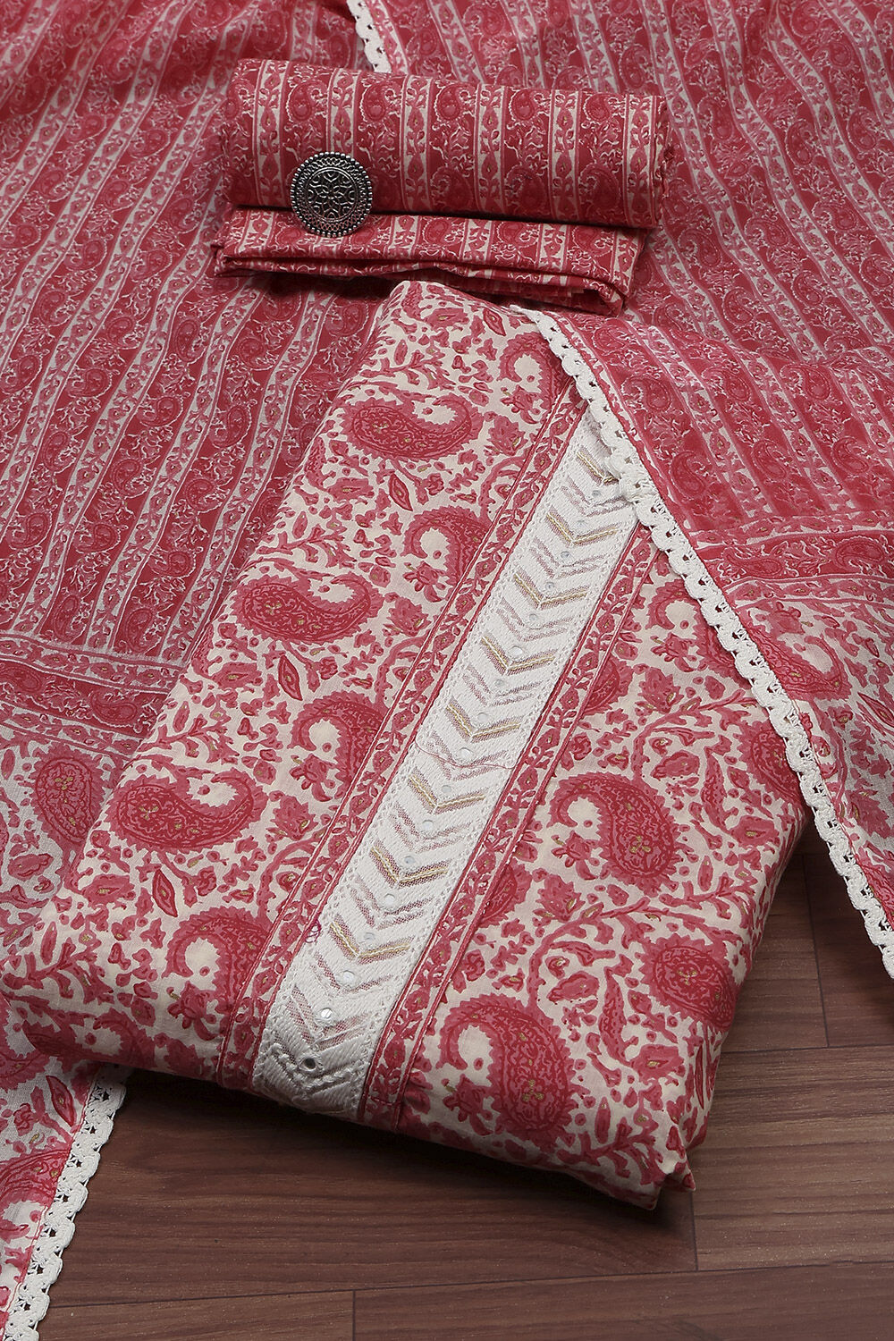 Pink Tissue Screen Print Unstitched Suit Set image number 0