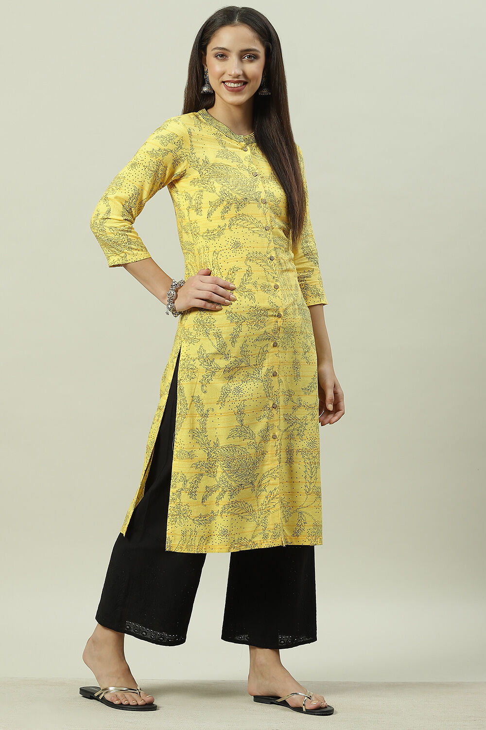Yellow Rayon Front Open Printed Kurta image number 2