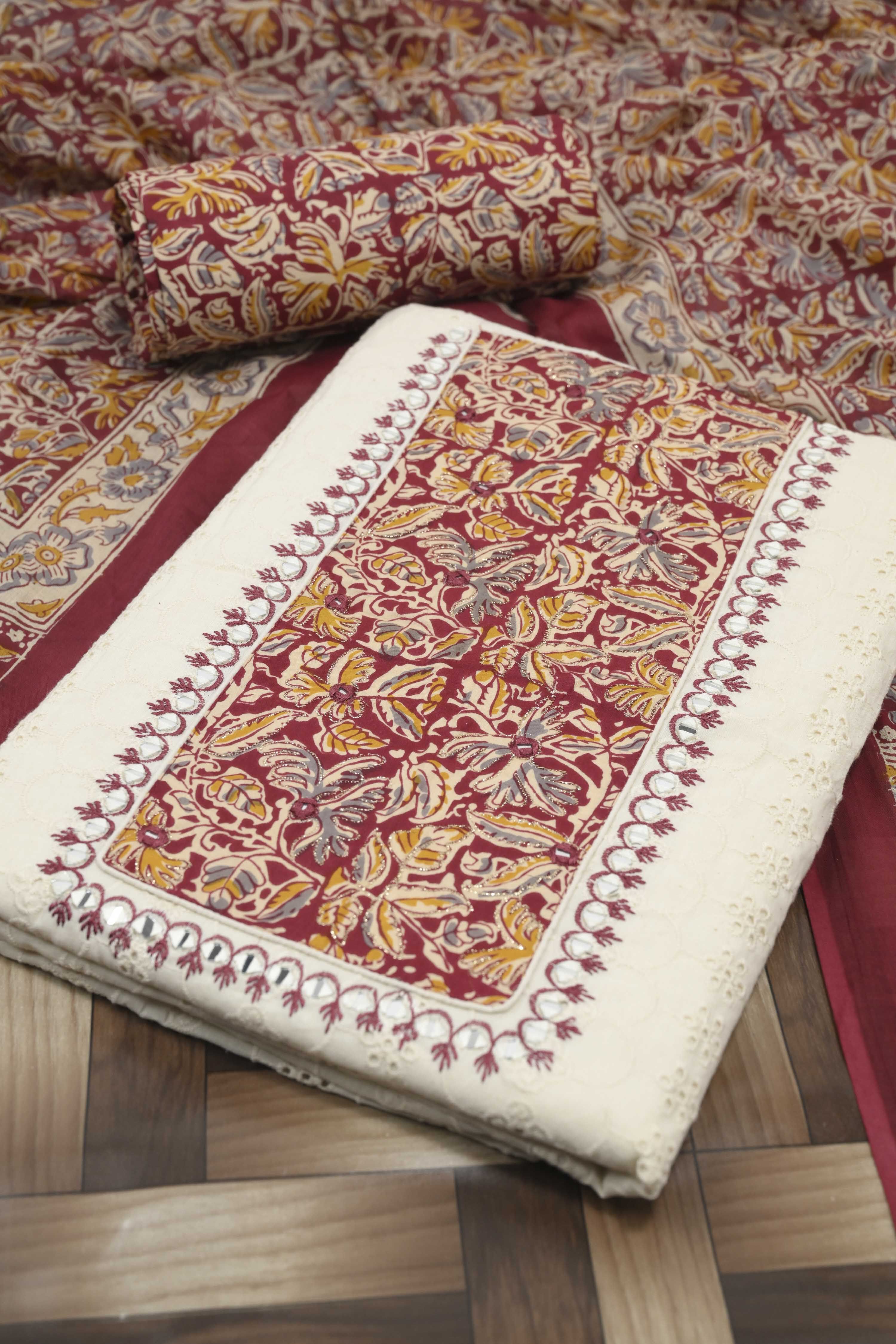 Maroon Cotton Printed Unstitched Suit Set image number 1