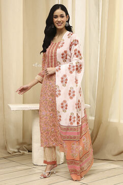 Pink Cotton Screen Print Unstitched Suit Set image number 4