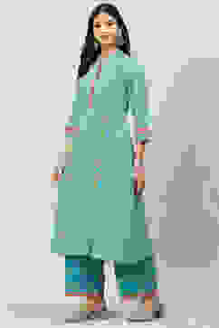 Teal Printed Cotton A-Line Kurta Palazzo Suit Set image number 0