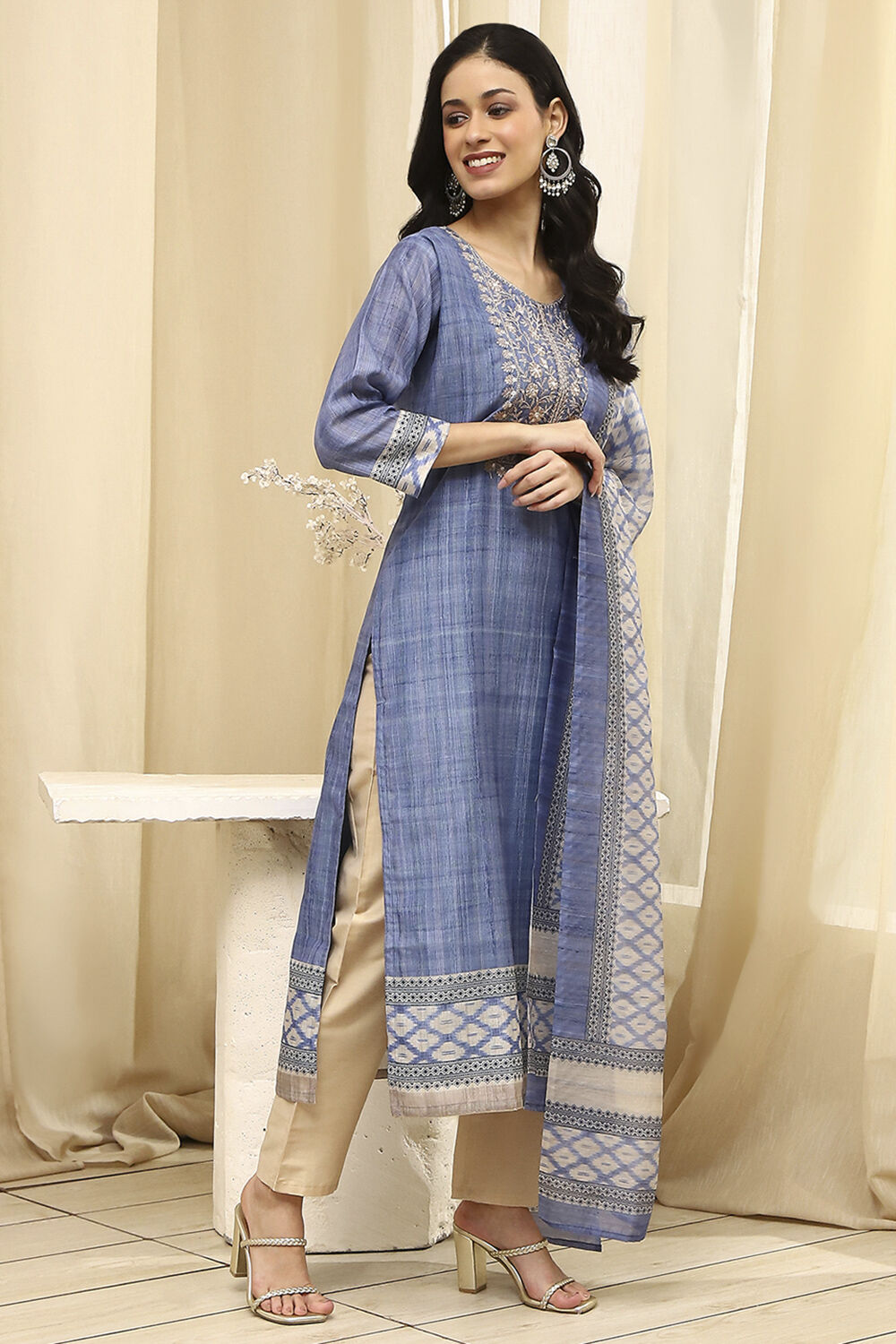 Blue Cotton Machine-Embroidered Unstitched Suit Set image number 5