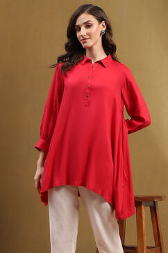 Tomato Red Solid Asymmetric Short Kurta image number 0