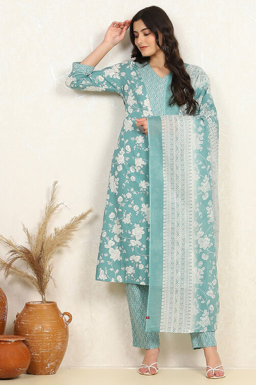 Rama Green Cotton Screen Print Unstitched Suit Set image number 1