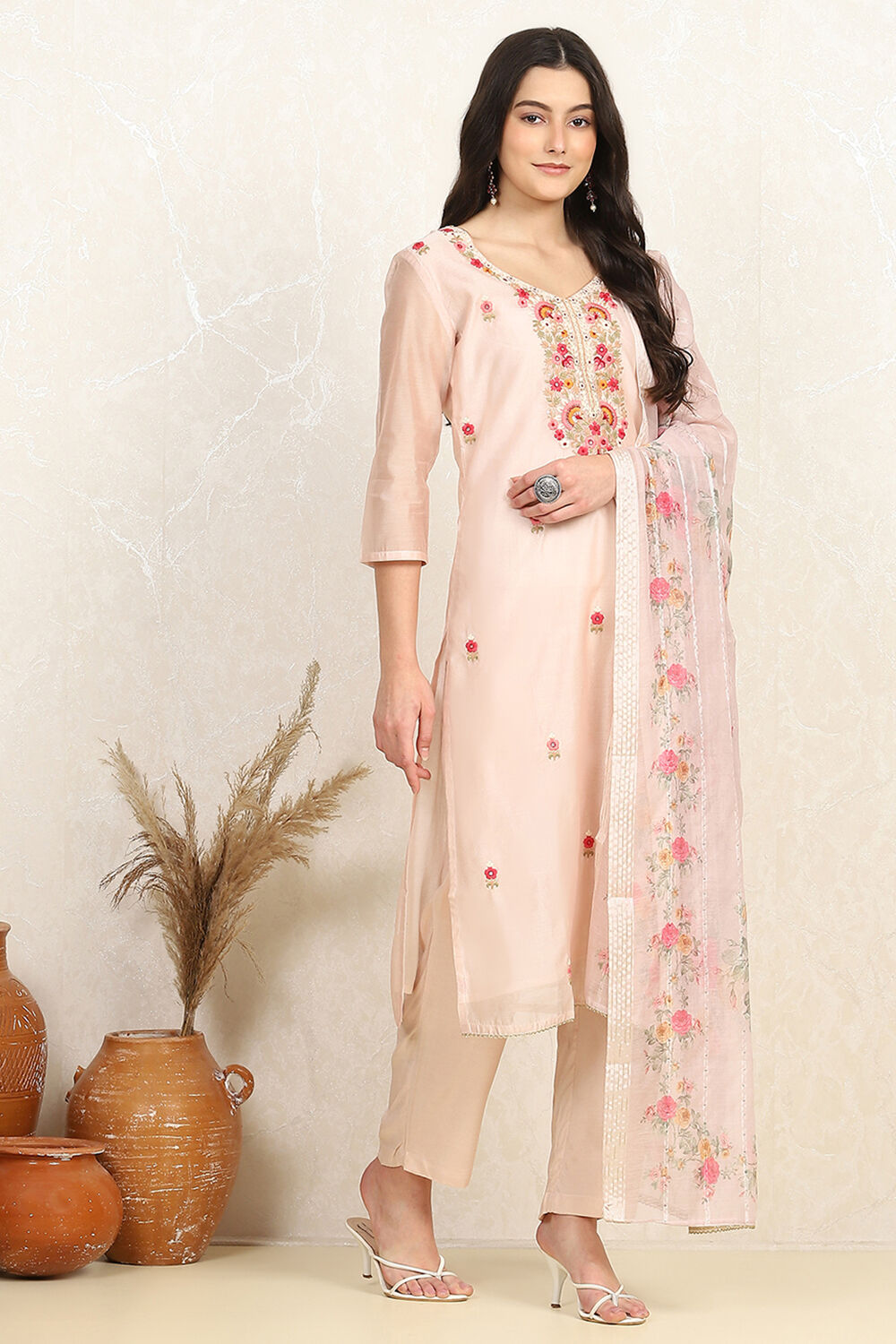 Off White Chanderi Machine Embroidered Unstitched Suit Set image number 6