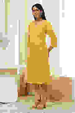 Ochre Yellow Cotton Solid Straight Kurta image number 2