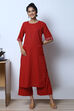 Red Cotton Straight Kurta Flared Palazzo Suit Set image number 3