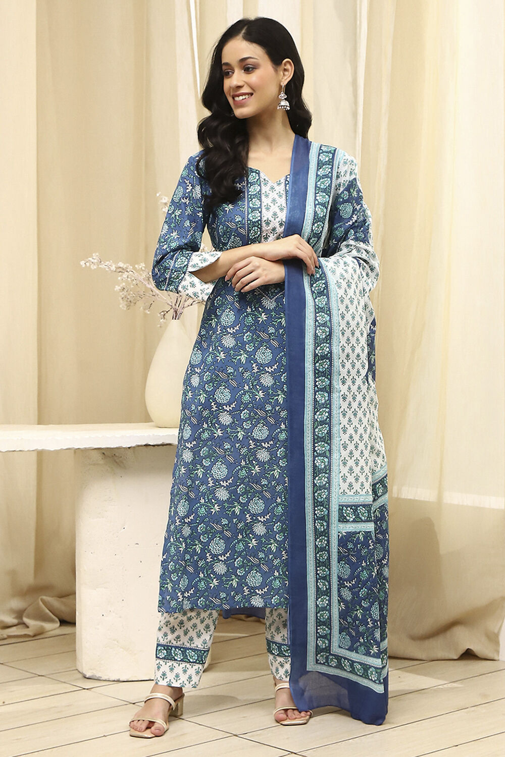 Lime Green and White Cotton Screen Print Unstitched Suit Set image number 7