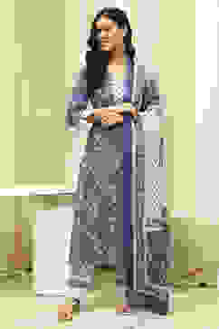 Blue and White Cotton Screen Print Unstitched Suit Set image number 7